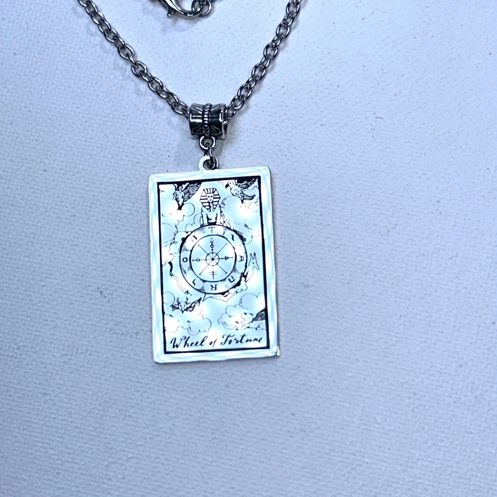 Handmade Unisex “Wheel of Fortune “ Tarot Card Pendant Stainless Steel Chain